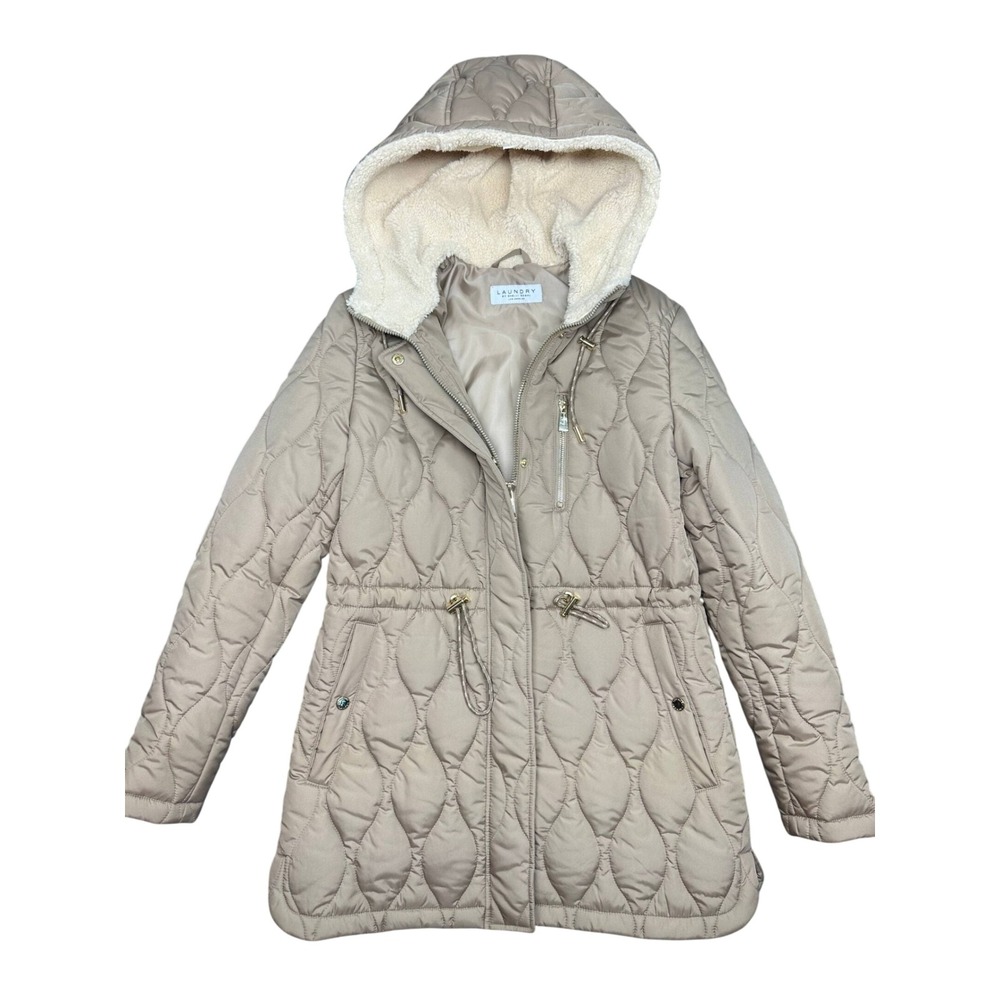 Laundry by Shelli Segal Beige Quilted Puffer‎ Jacket Sherpa Hood Small DUP13446